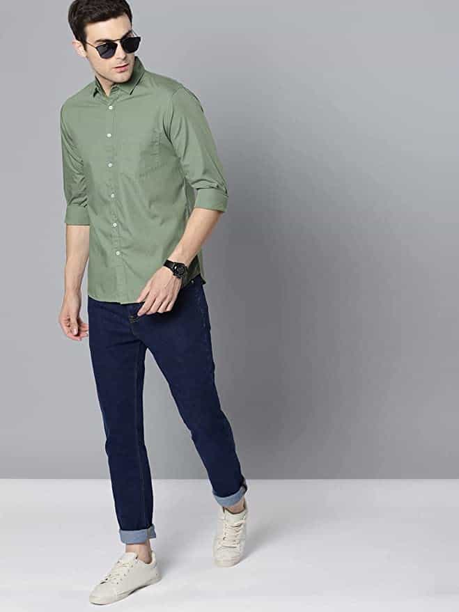 grey pants and olive green shirt