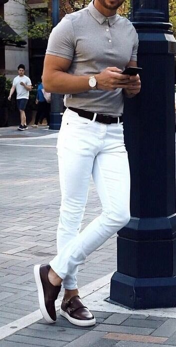 Grey shirt combination with a white trousers