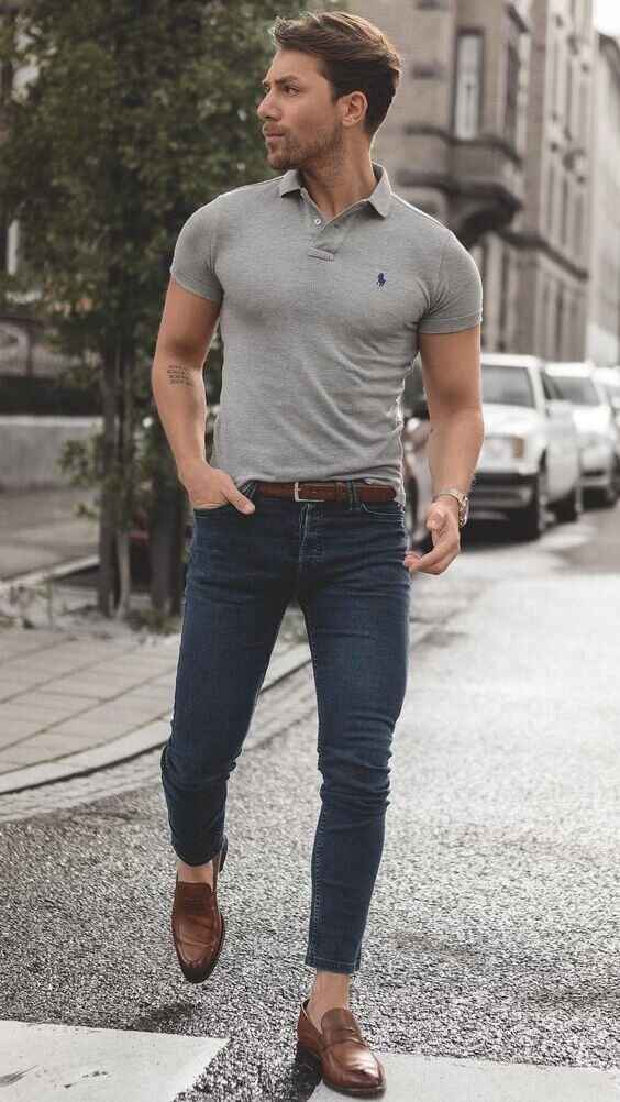 Light grey shirt with blue jeans