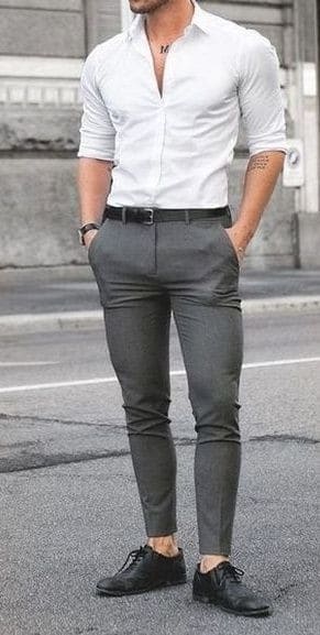 Dark grey pant white shirt outfit