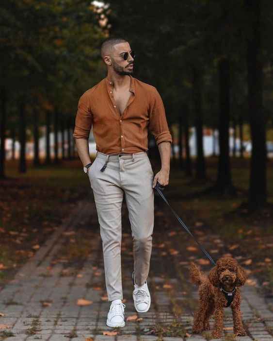 brown shirt gray pant combination